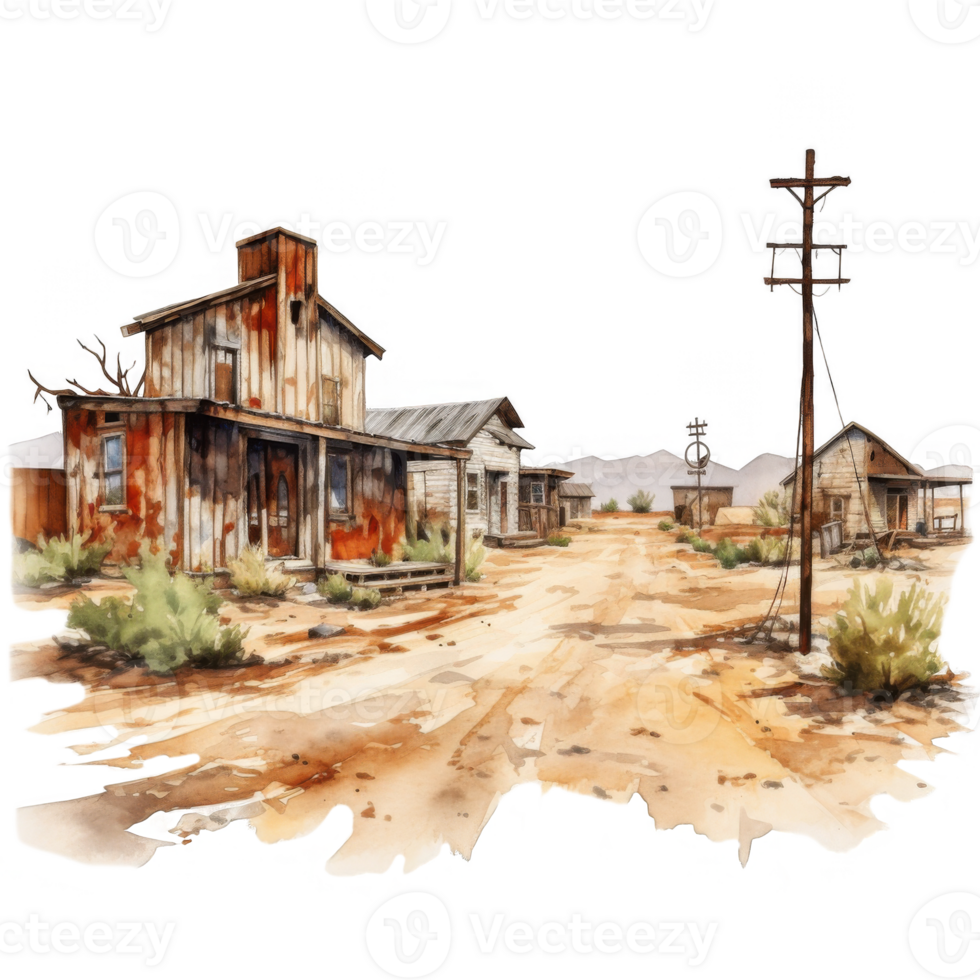 Desolate Western Town Watercolor Painting of Abandoned Buildings and Dusty Road png