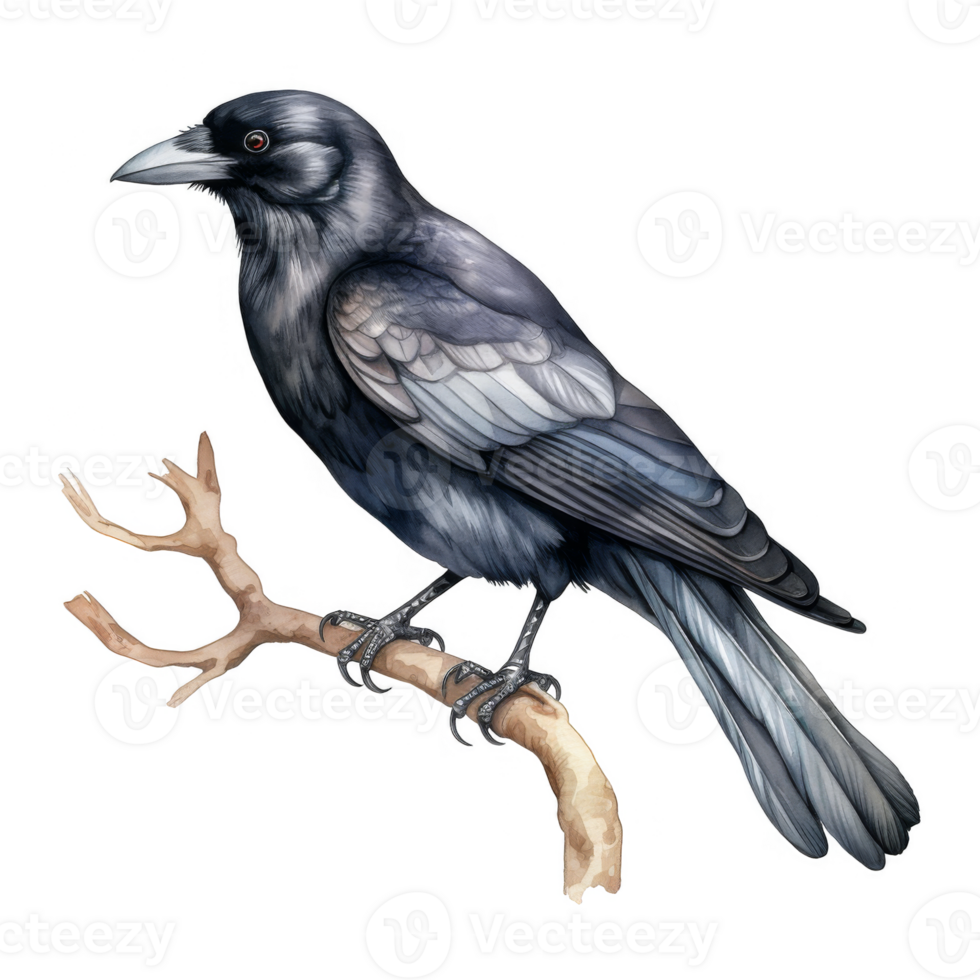 A Detailed Watercolor Painting of a Crow Perched on a Branch png