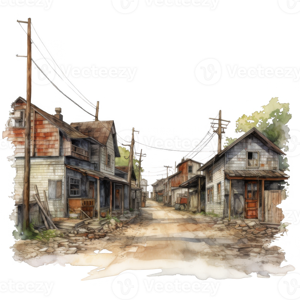 Desolate Watercolor Painting of a Run-Down Alleyway with Old Houses png