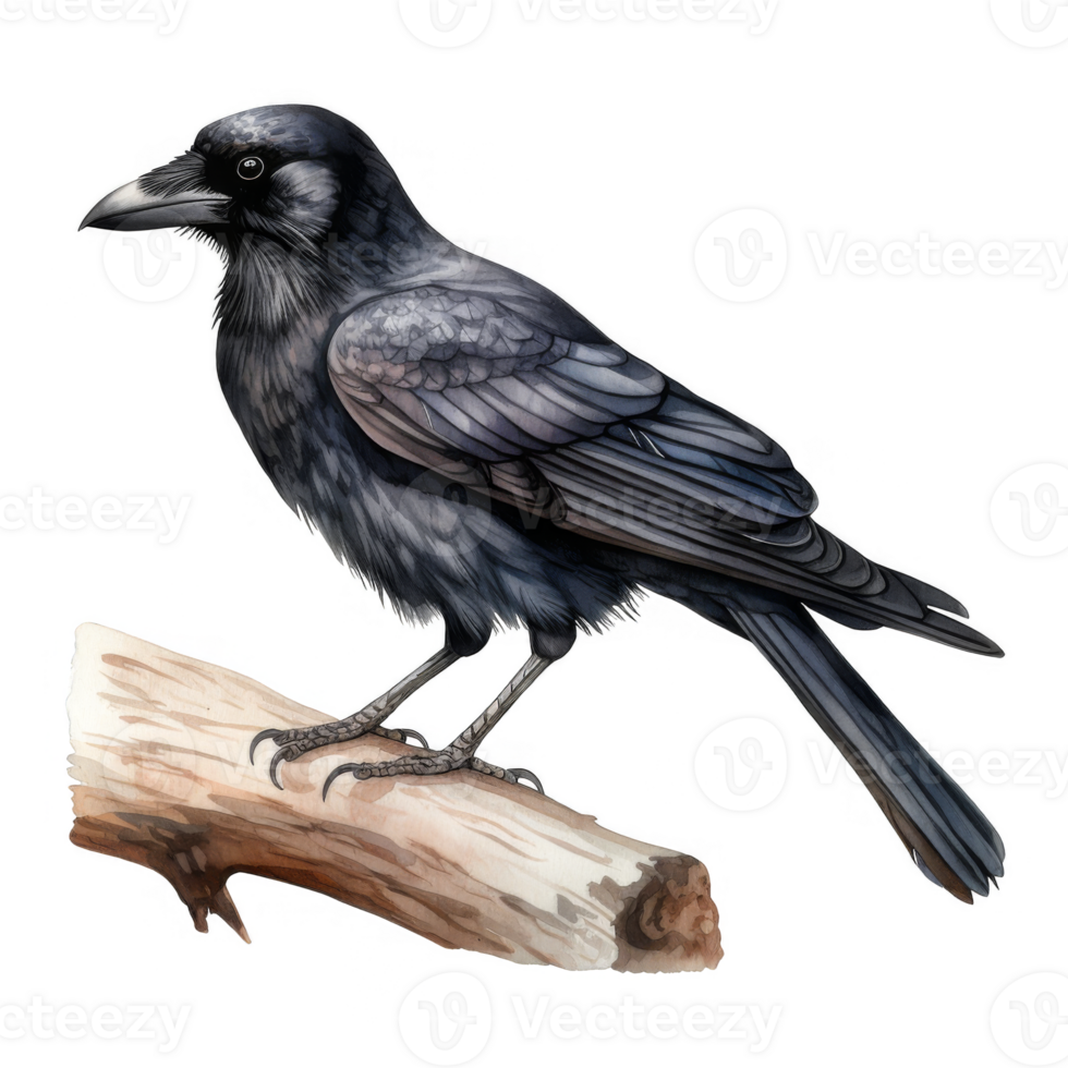 Watercolor illustration of a crow perched on a weathered branch. png