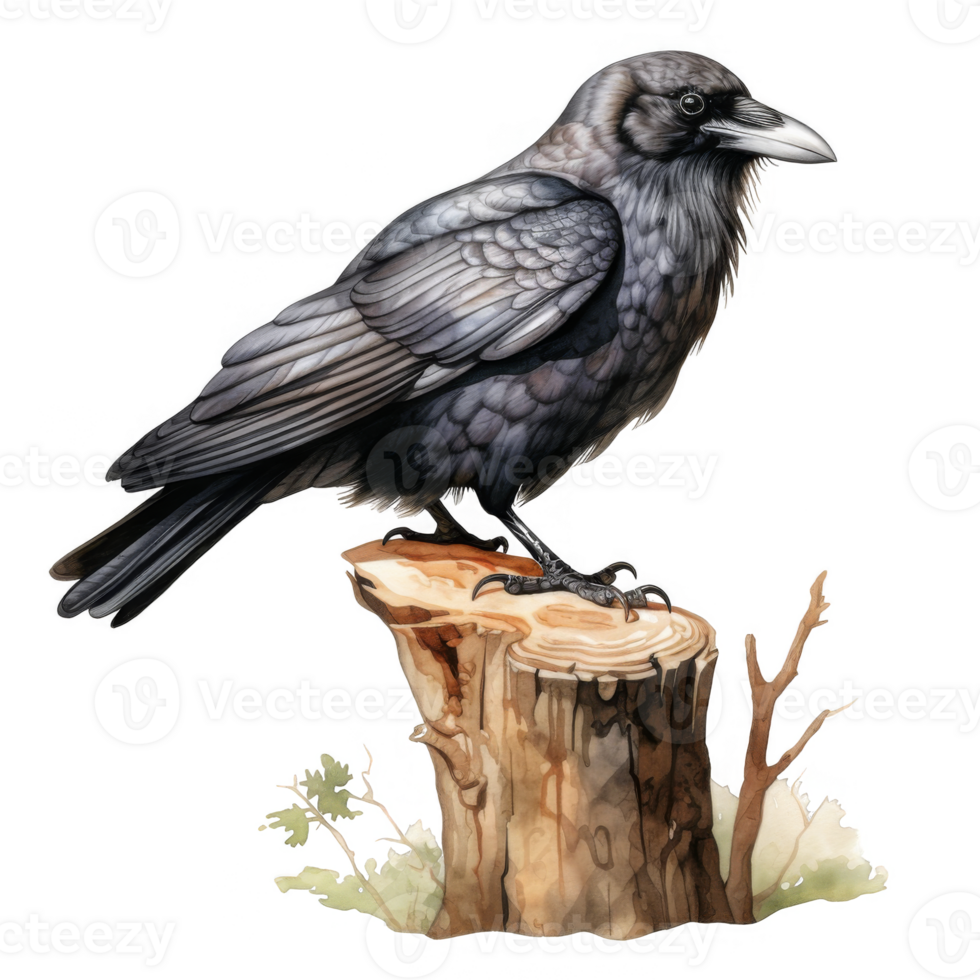A Watercolor Painting of a Raven Perched on a Tree Stump png
