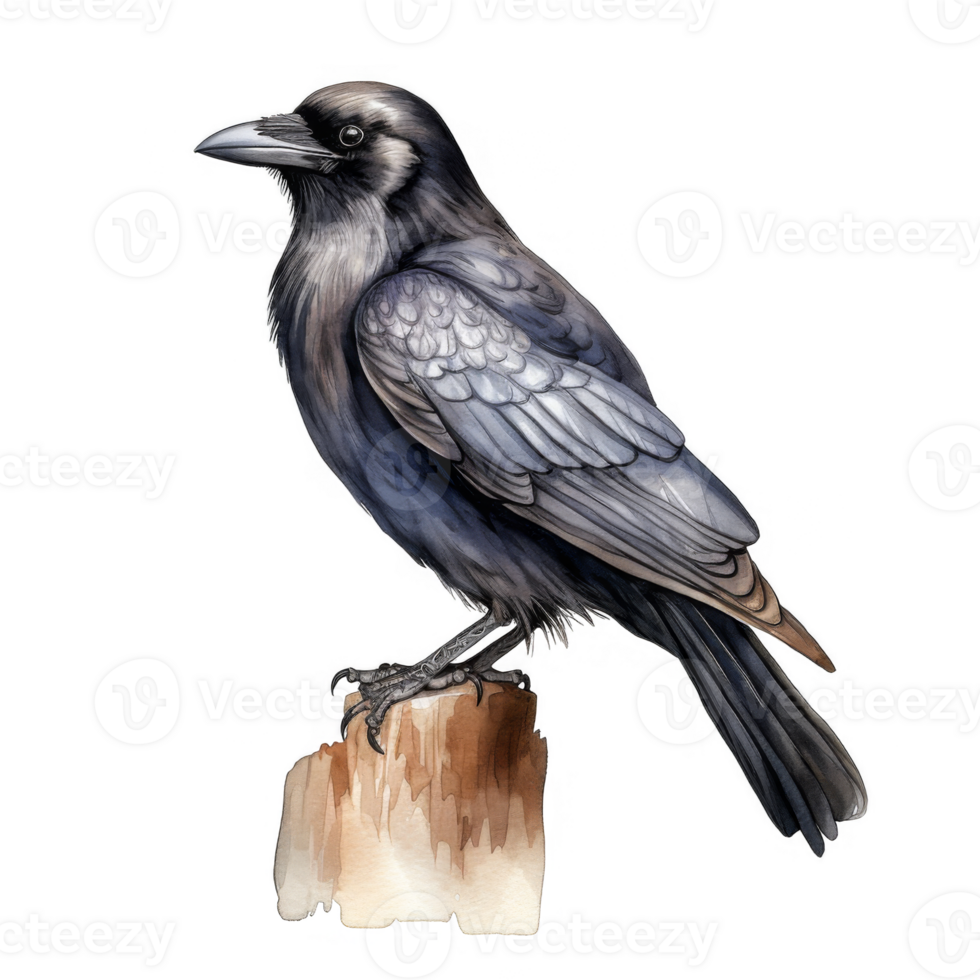Watercolor Illustration of a Carrion Crow Perched on a Wooden Stump png