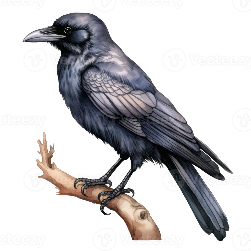 Watercolor Illustration of a Raven Perched on a Branch png