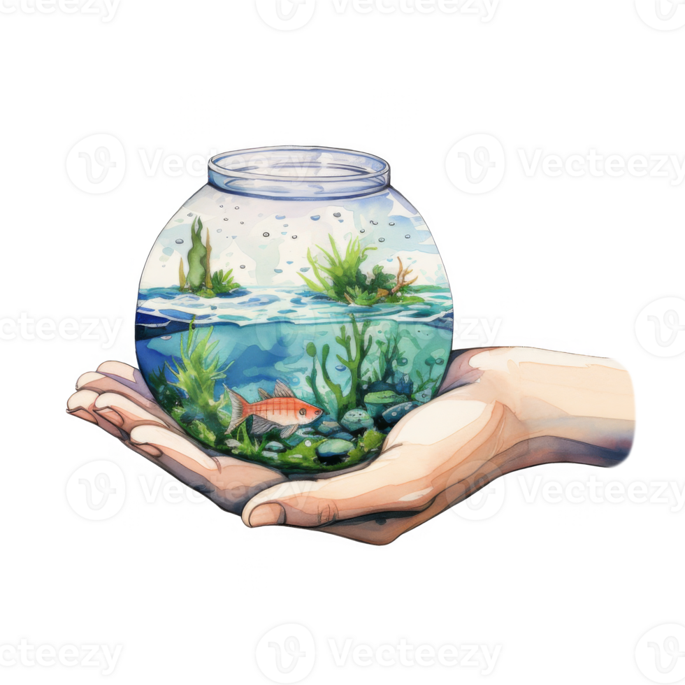 A hand gently cradles a small glass bowl containing a miniature underwater scene with a single fish. png
