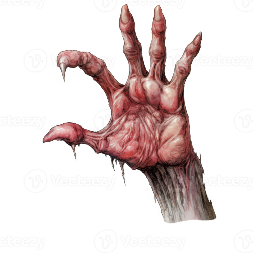 A grotesque, clawed hand emerges from a glitching, digital abyss. png