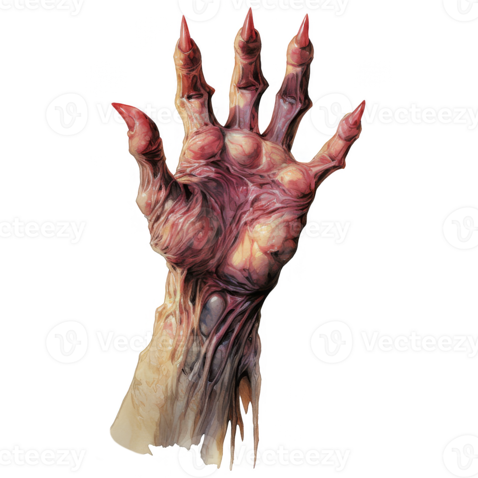 A grotesque, clawed hand reaching upward, overlaid with vibrant digital glitch art. png