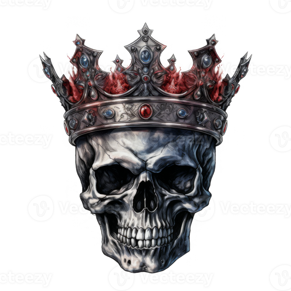 A regal skull crowned with an ornate jeweled crown, glitch art background. png