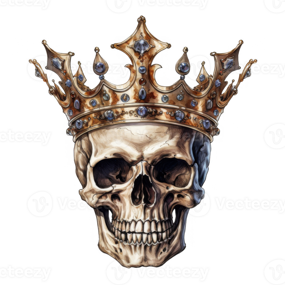 A human skull adorned with an ornate jeweled crown, a macabre royal image. png