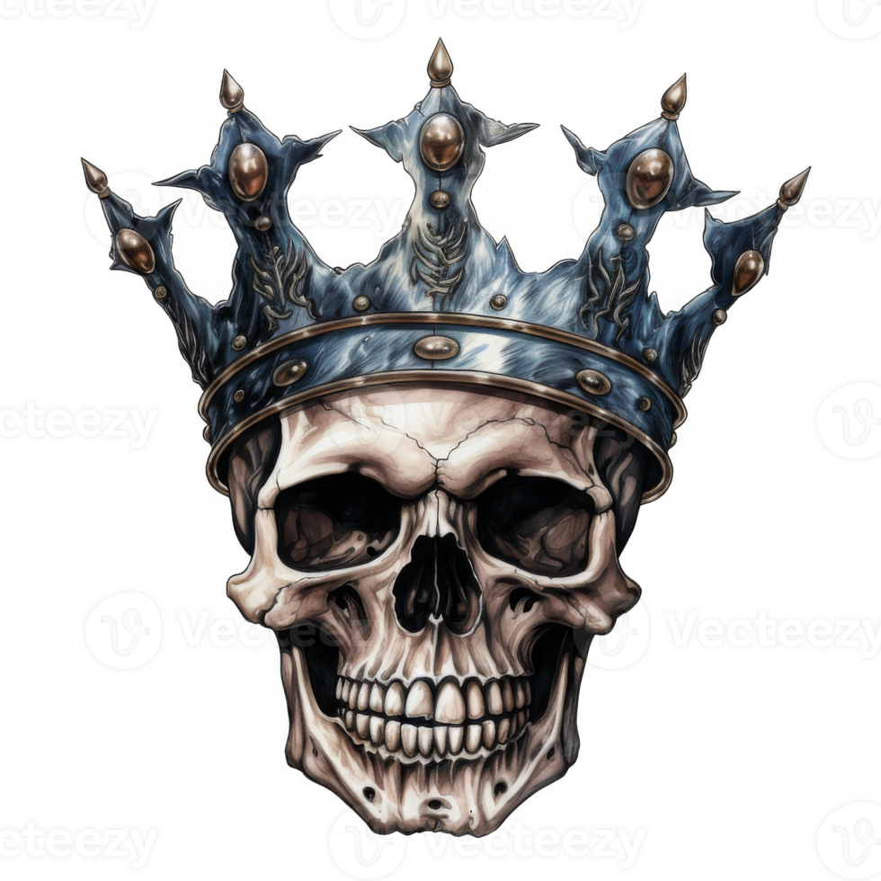 Grim King A detailed skull adorned with an ornate, dark blue crown. png