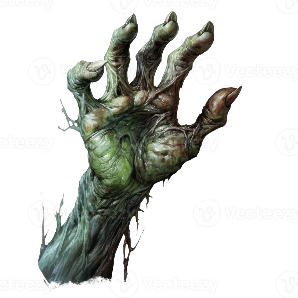 A grotesque, decaying, green hand reaches upward, dripping viscous fluid. png