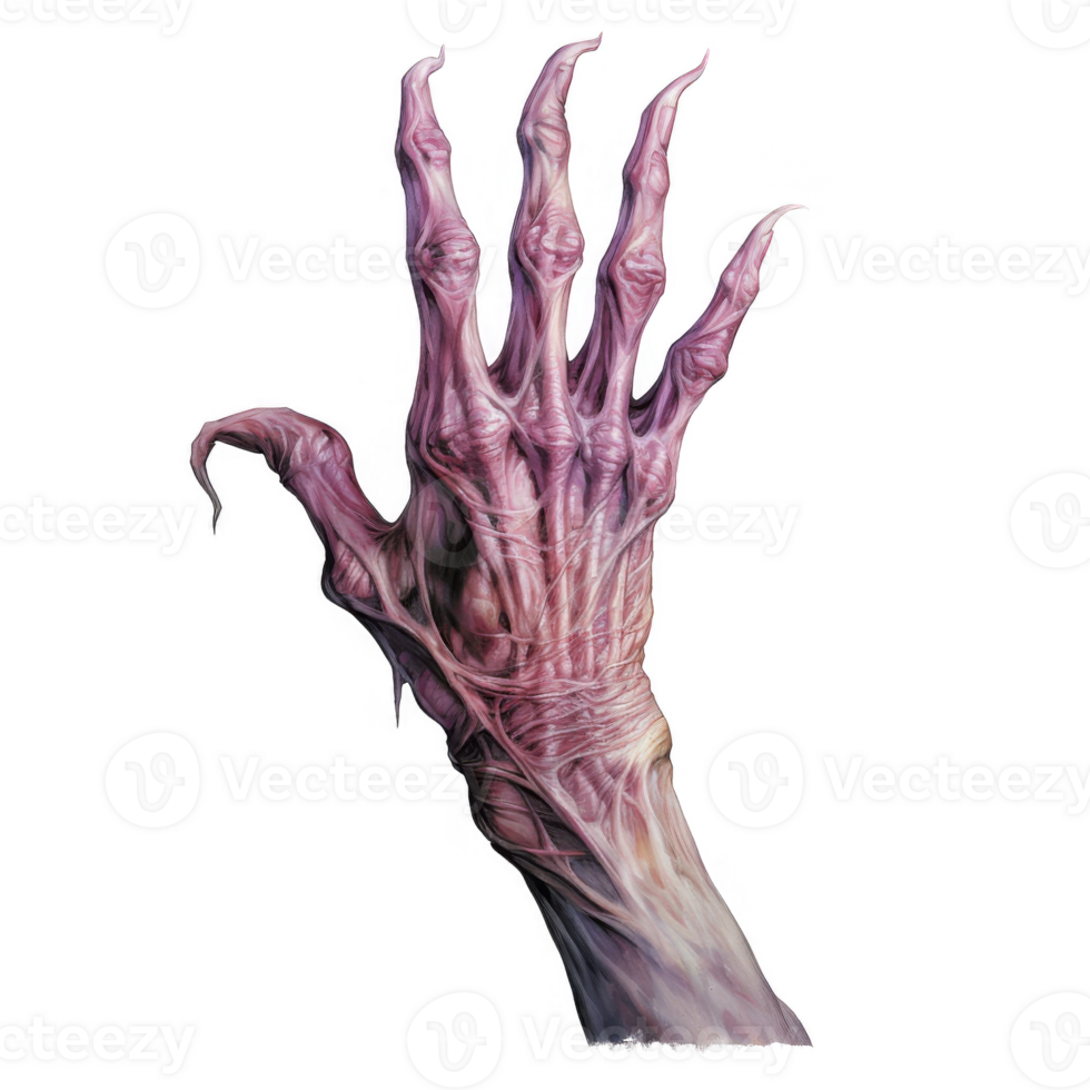 A grotesque, multi-fingered hand reaches upward, its anatomy distorted and unsettling. png