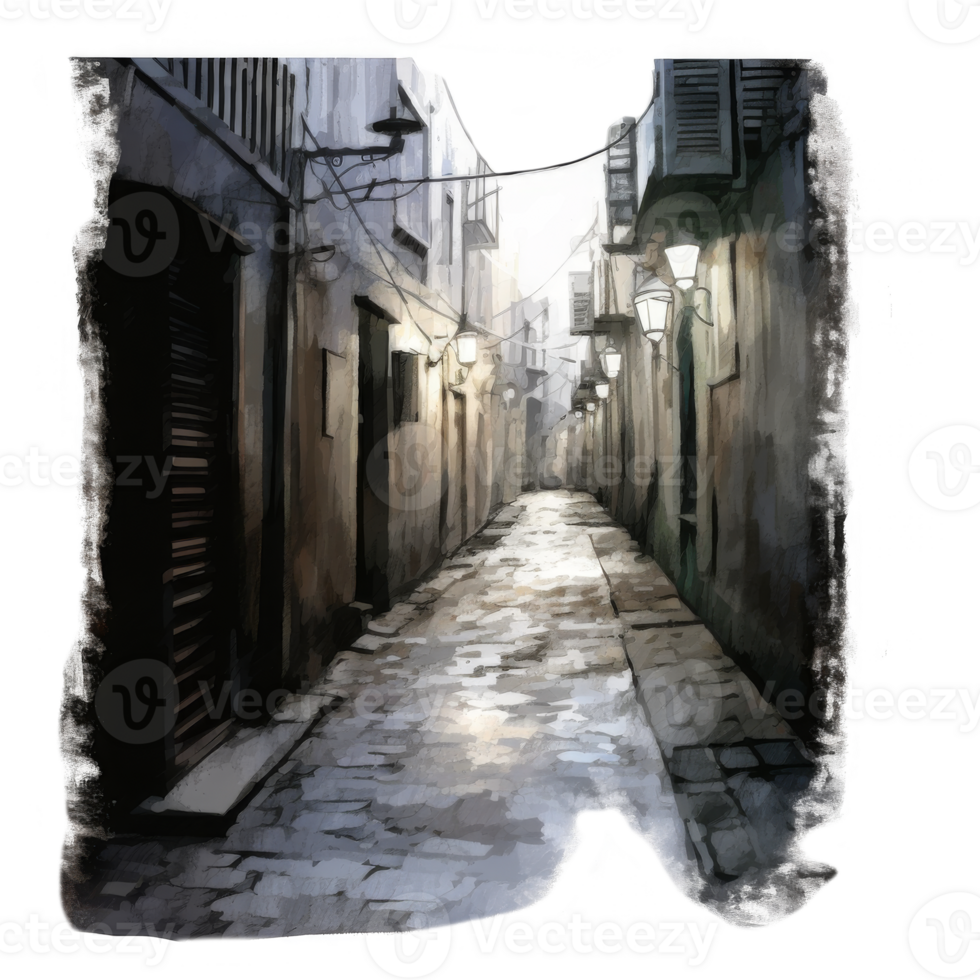 Nocturnal cobblestone alleyway scene with illuminated lanterns and aged buildings. png