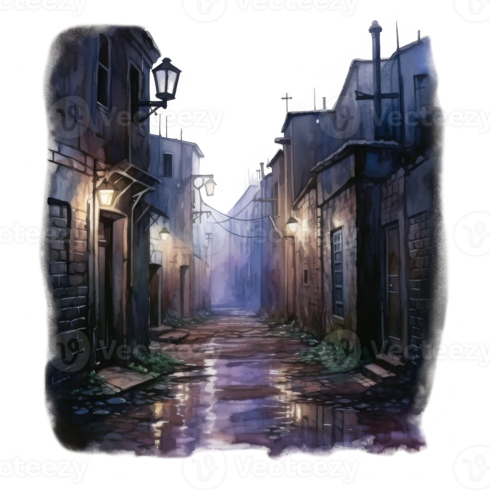 Nocturnal cobblestone alleyway scene with illuminated lanterns and aged buildings. png