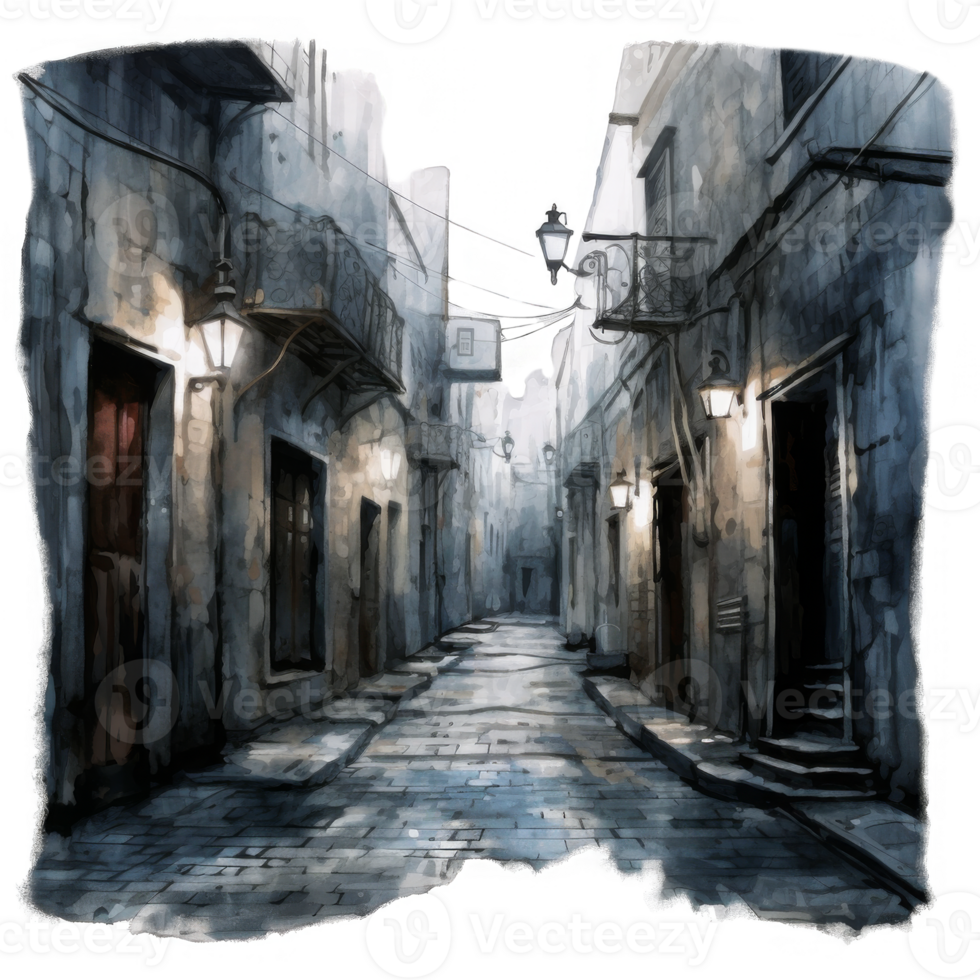 Nocturnal cobblestone alleyway scene with illuminated lanterns and aged buildings. png