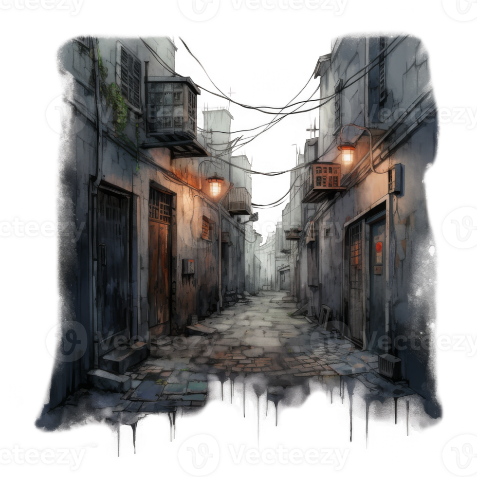 Nocturnal cobblestone alleyway scene with illuminated lanterns and aged buildings. png