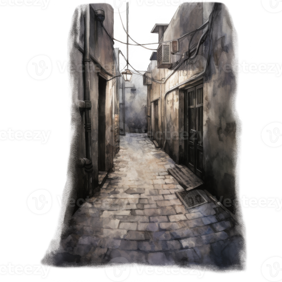 Nocturnal cobblestone alleyway scene with illuminated lanterns and aged buildings. png