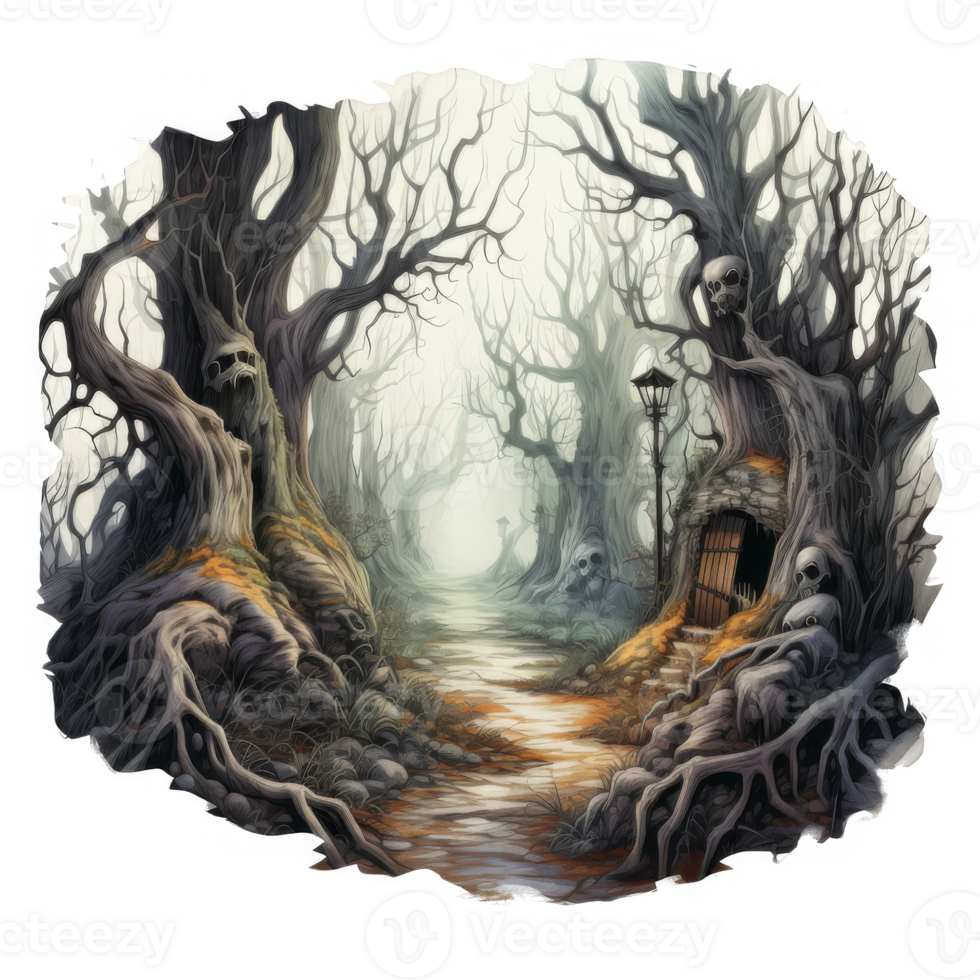 A digital painting of a forest with trees and a house png