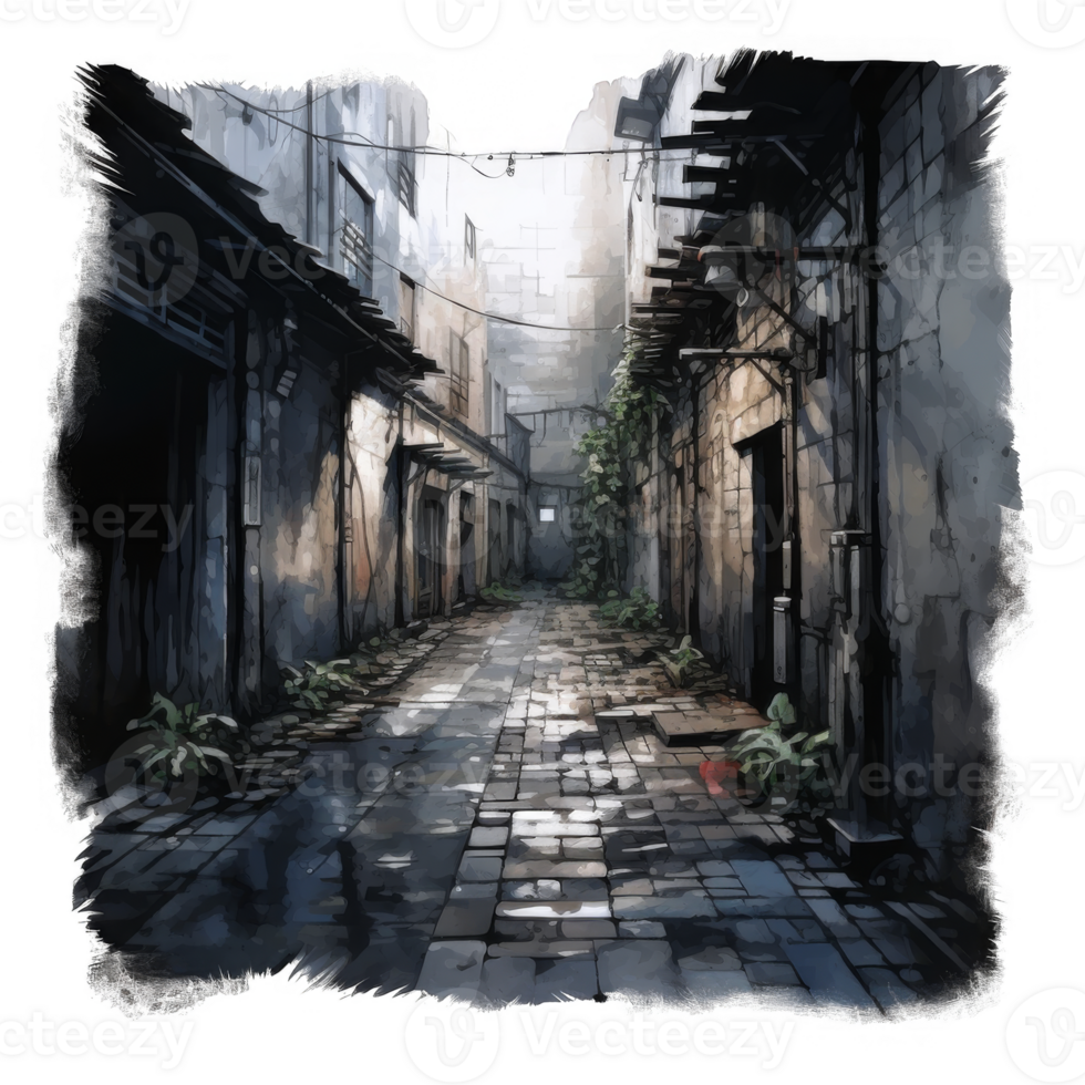 Nocturnal cobblestone alleyway scene with illuminated lanterns and aged buildings. png