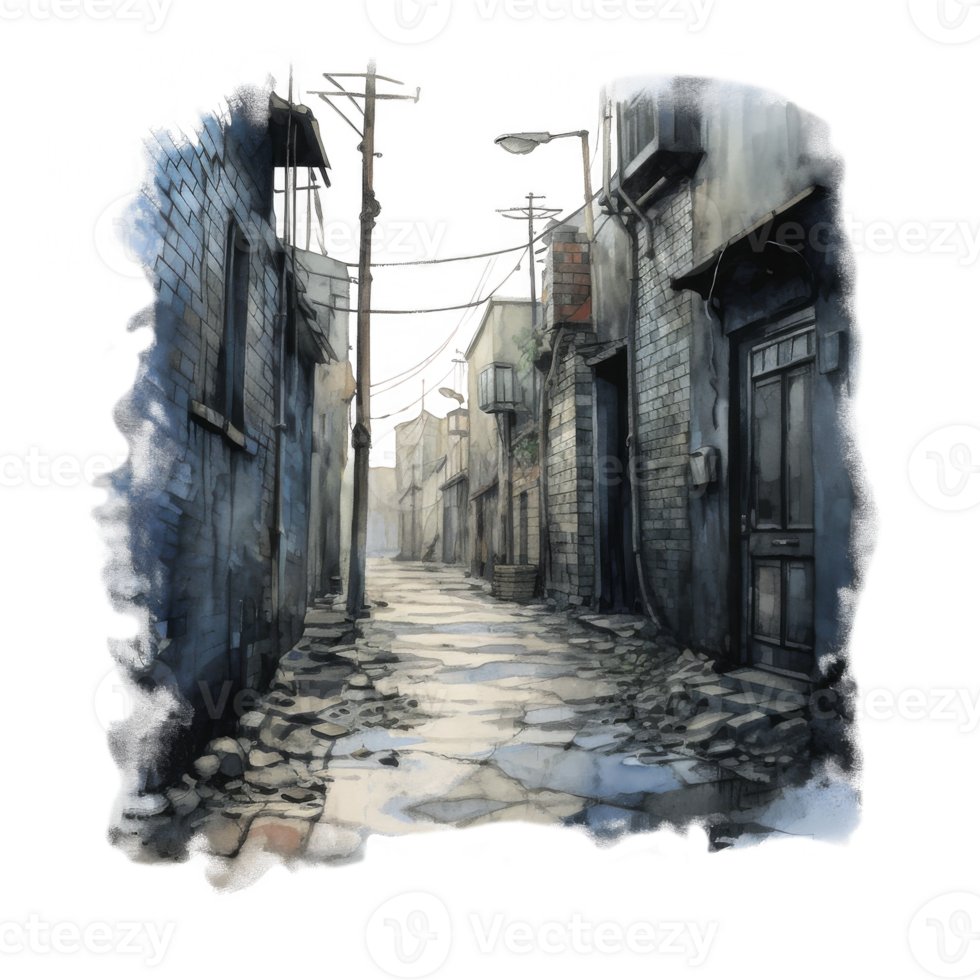 Nocturnal cobblestone alleyway scene with illuminated lanterns and aged buildings. png