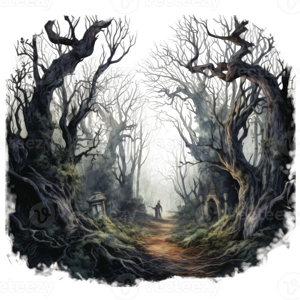 A painting of a forest with trees and people png
