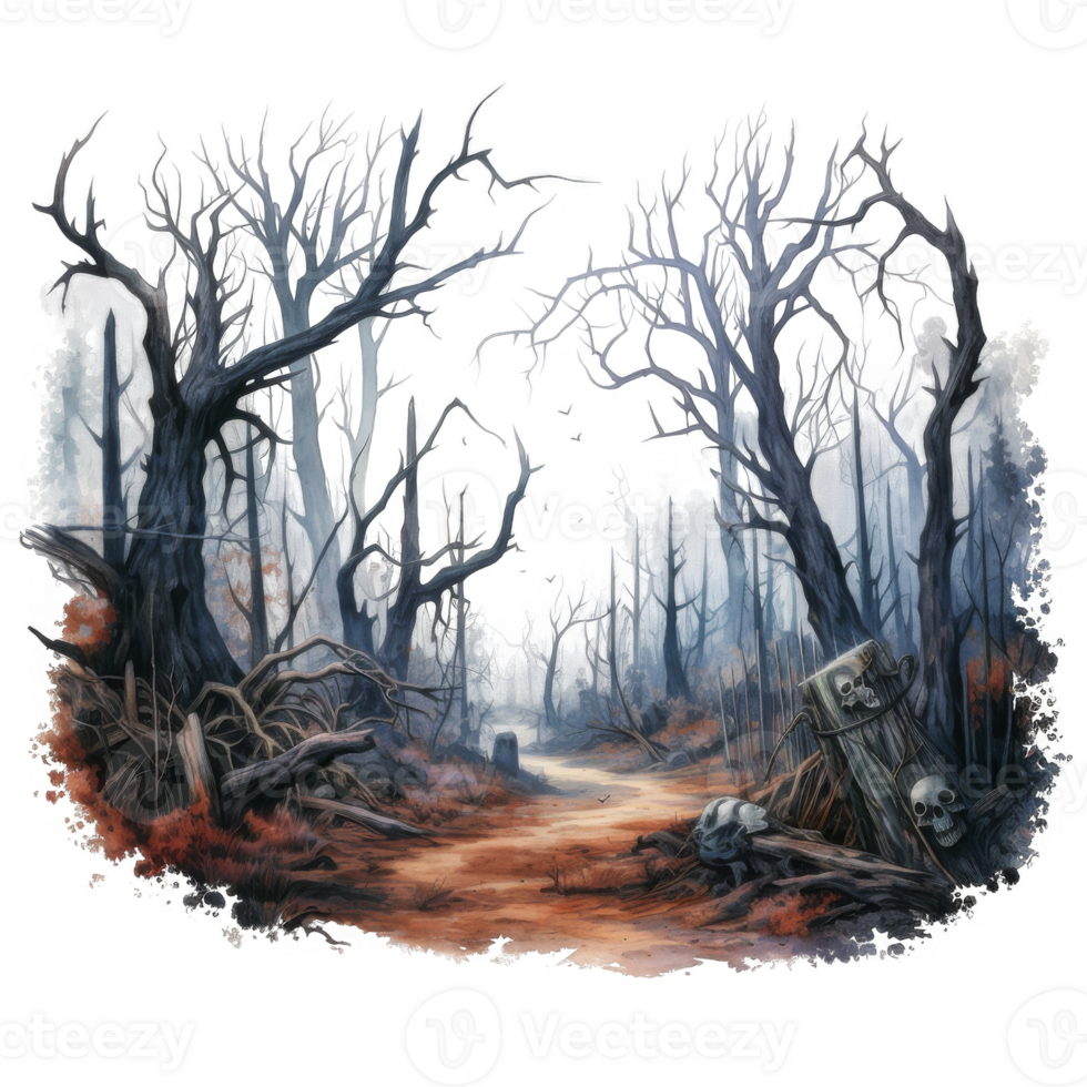 A painting of a forest with trees and skulls png