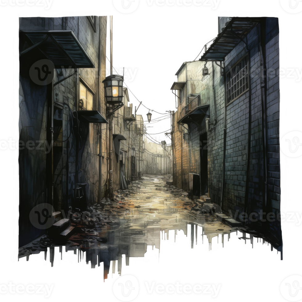 Nocturnal cobblestone alleyway scene with illuminated lanterns and aged buildings. png