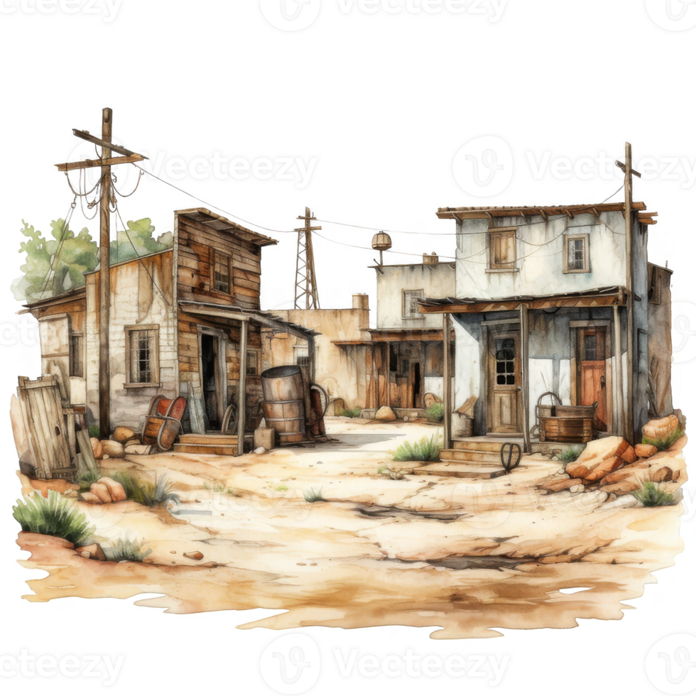 Desolate Western Town Rustic Buildings and Arid Landscape png