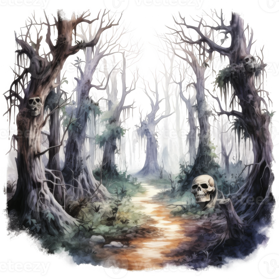 A painting of a forest with a skull and a tree png