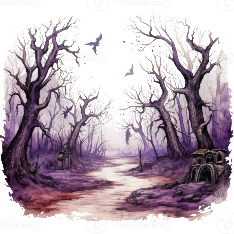 A purple forest with trees and a path png