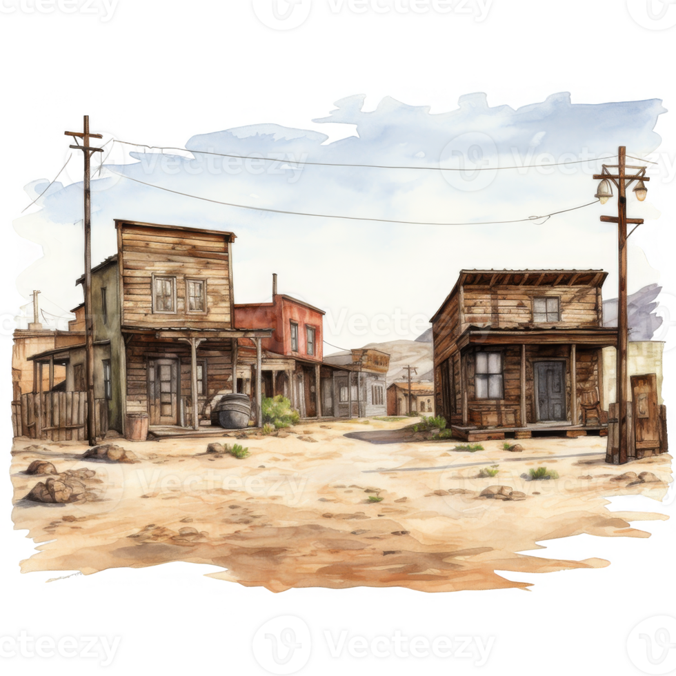 Desolate Western Town Watercolor Painting of Abandoned Buildings in Arid Landscape png