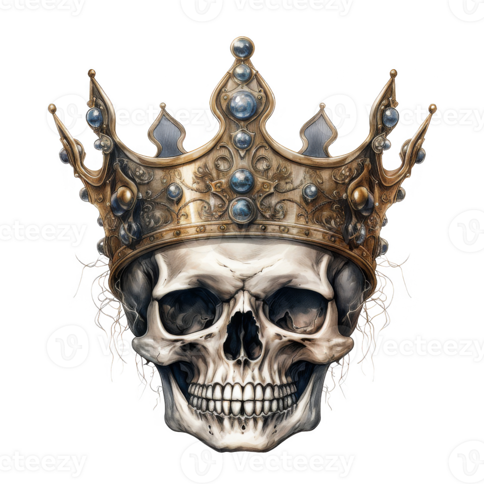 Ornate gold crown atop a detailed human skull, artistic rendering. png