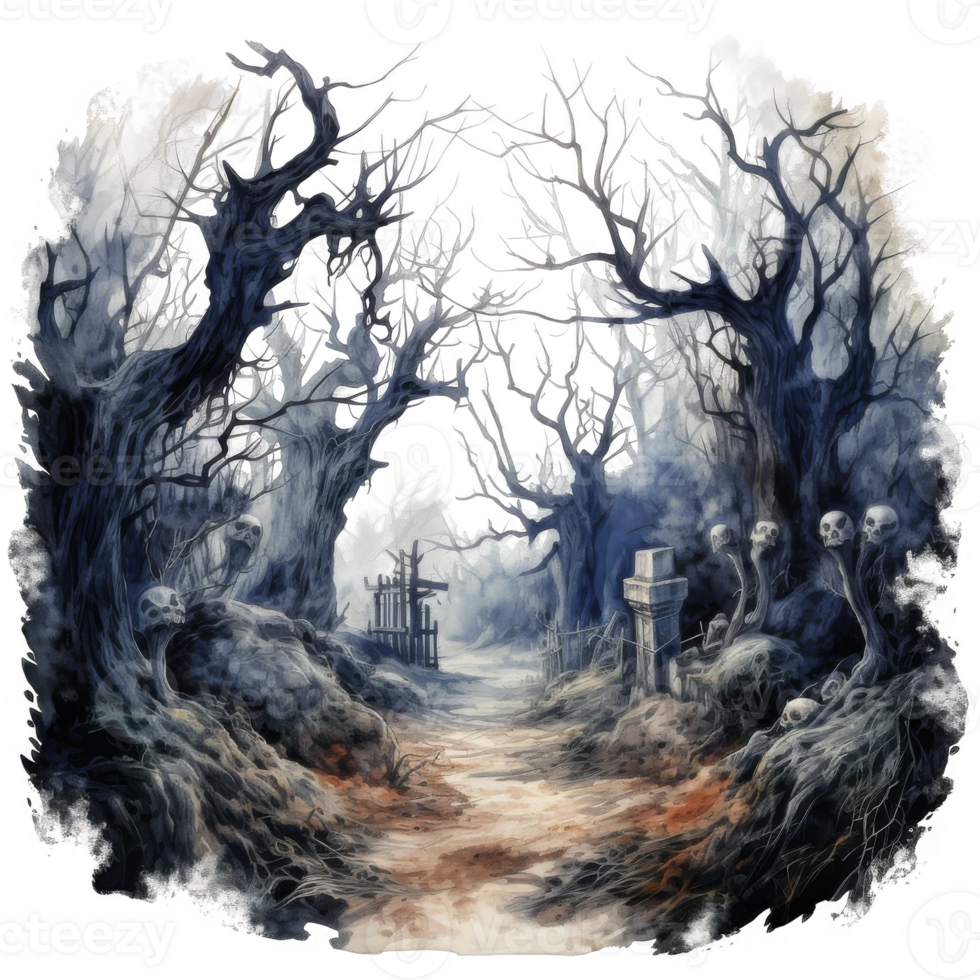 A painting of a forest with trees and a path png