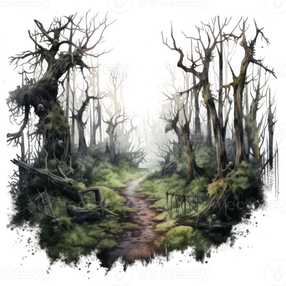 A painting of a forest with trees and a path png