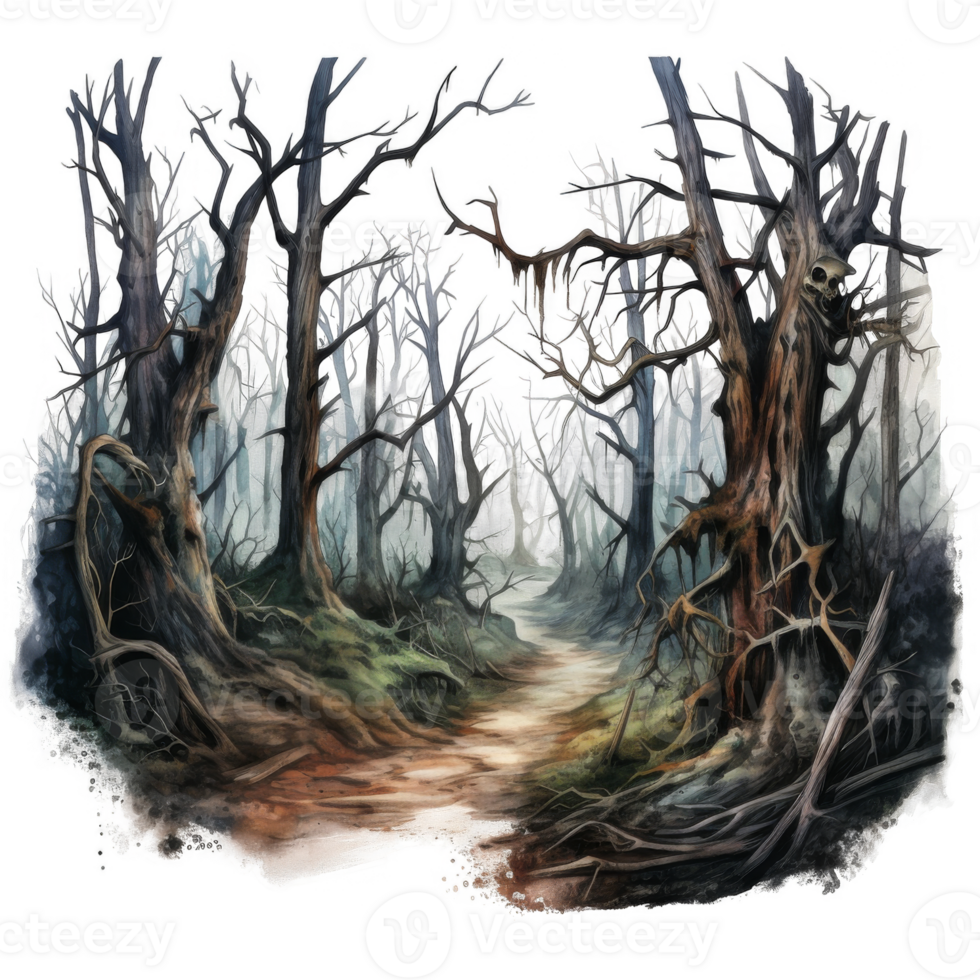 A painting of a forest with trees and a path png