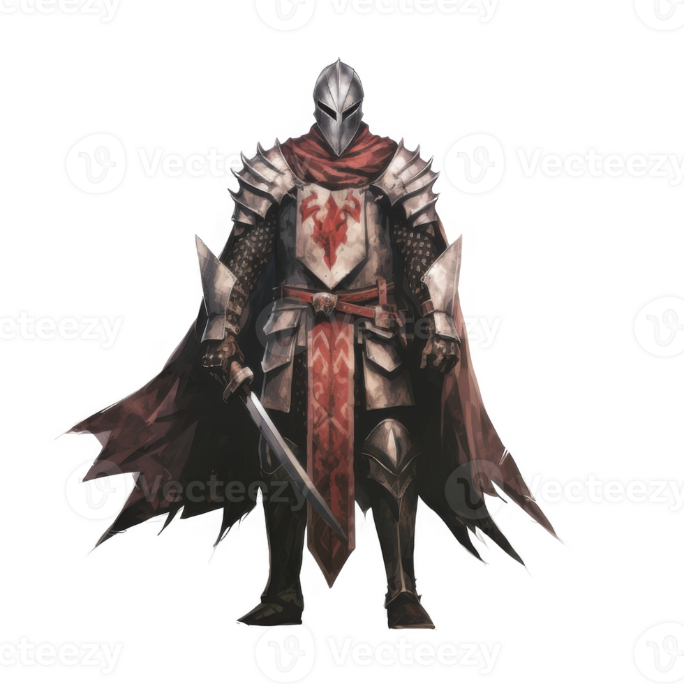 A knight in full plate armor, red surcoat, and a long sword. png