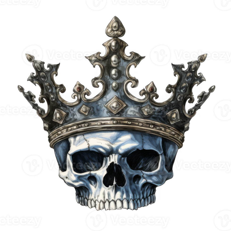 Grim King A detailed skull wearing an ornate crown, a macabre juxtaposition. png