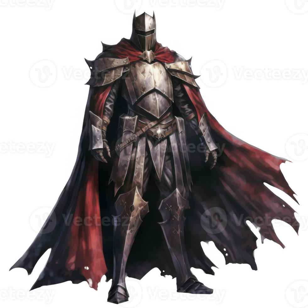 A Dark Knight in Full Plate Armor and Crimson Cloak, Standing in Shadow. png