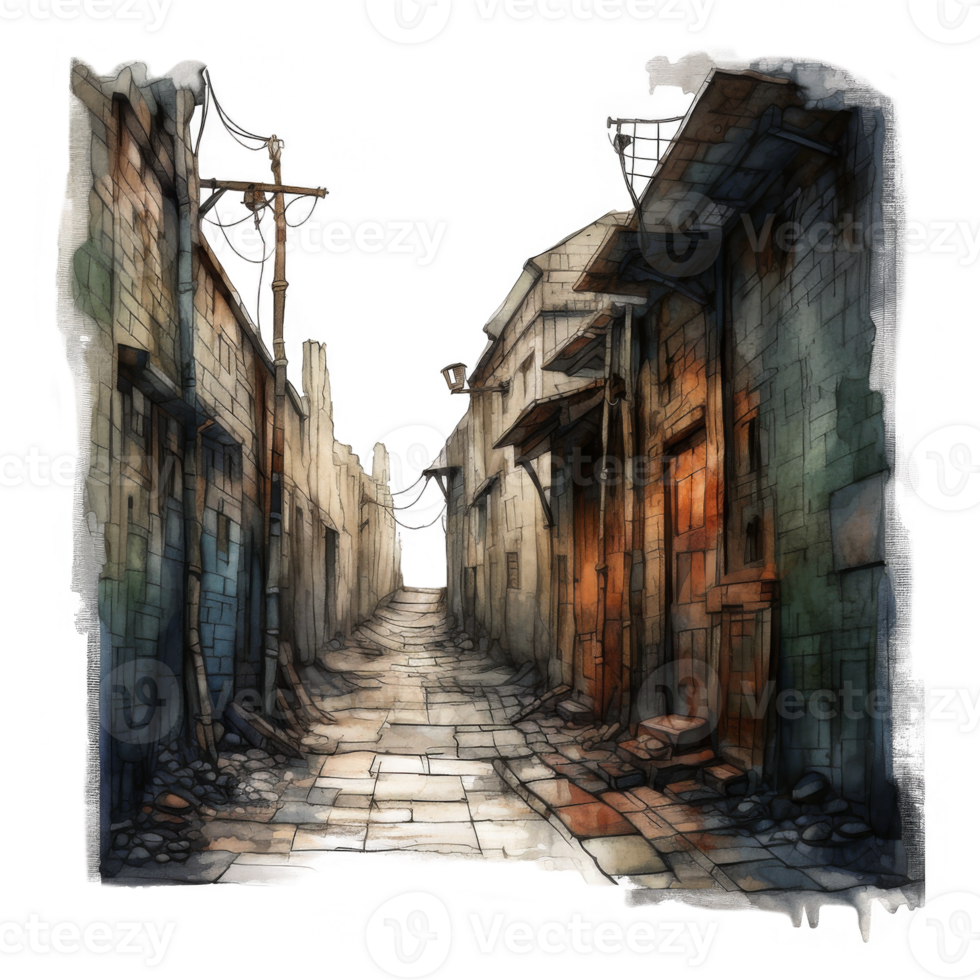 Nocturnal cobblestone alleyway scene with illuminated lanterns and aged buildings. png