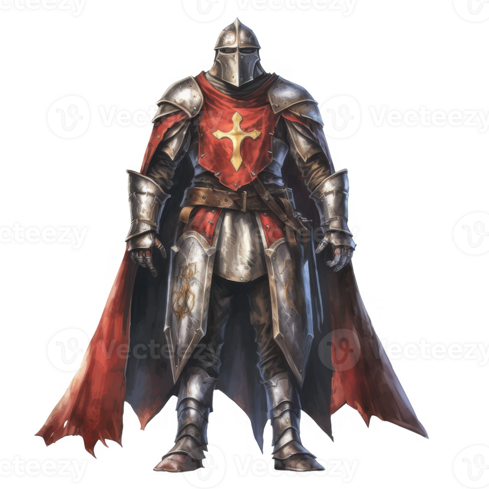 A weathered medieval knight in full plate armor, a red surcoat bearing a cross. png