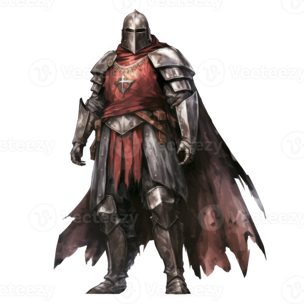 A Digital Painting of a Medieval Knight in Full Plate Armor and a Red Cloak png