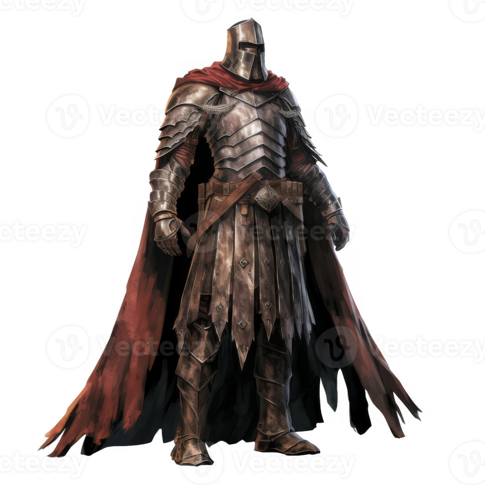 Grim, weathered knight in full plate armor, crimson cloak, standing. png