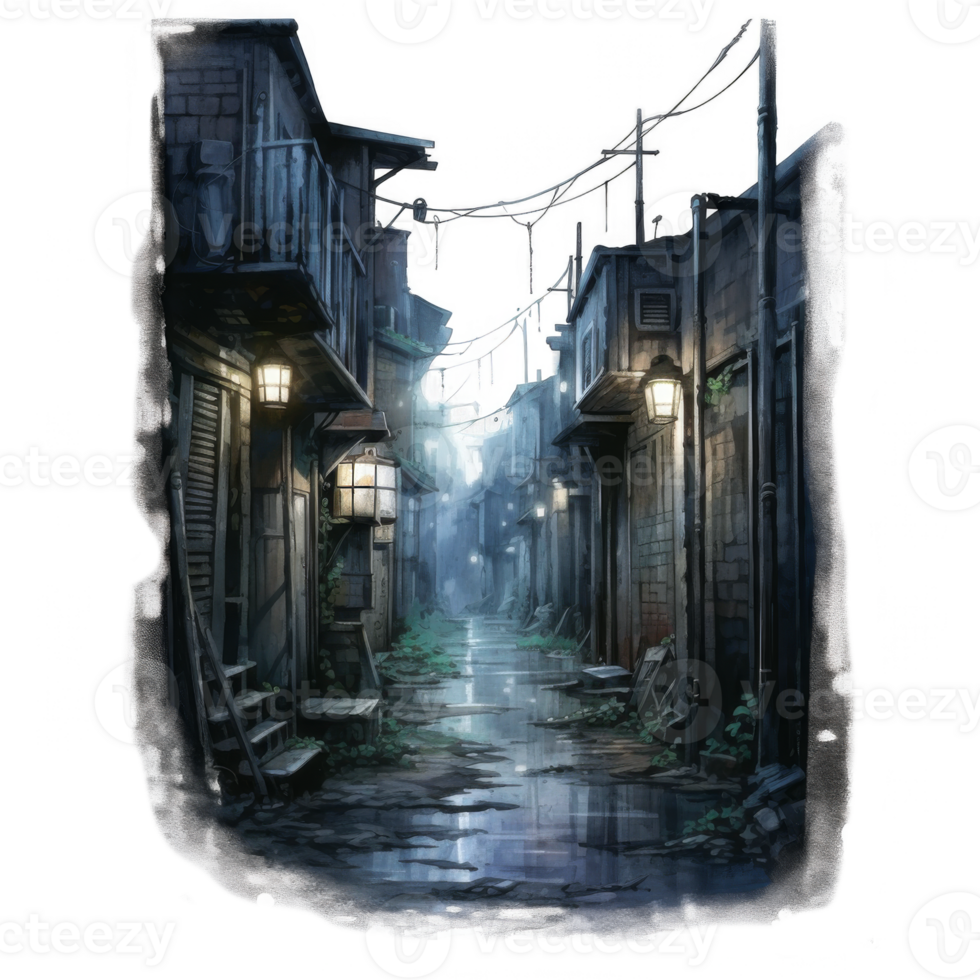 Nocturnal cobblestone alleyway scene with illuminated lanterns and aged buildings. png