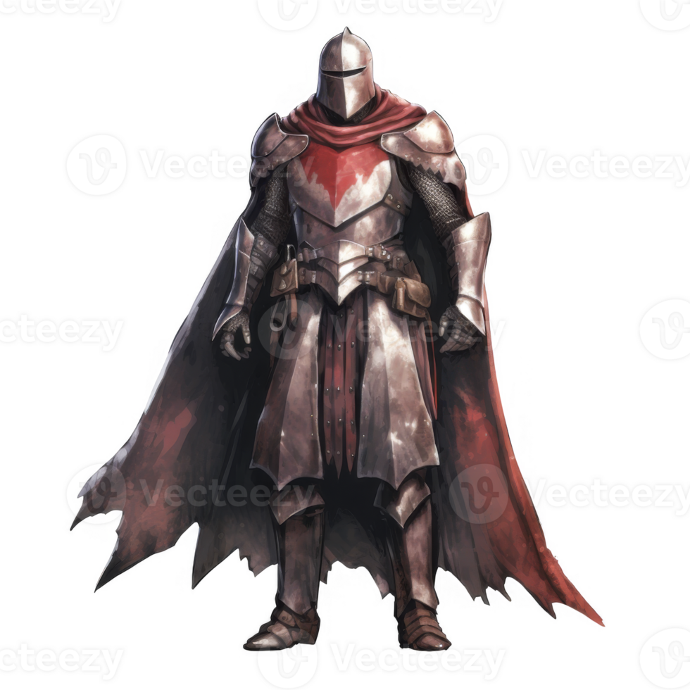 A medieval knight in full plate armor, red cloak, and weathered boots. png