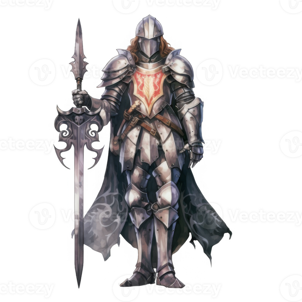 Majestic Knight in Full Plate Armor, Wielding an Ornate Greatsword png