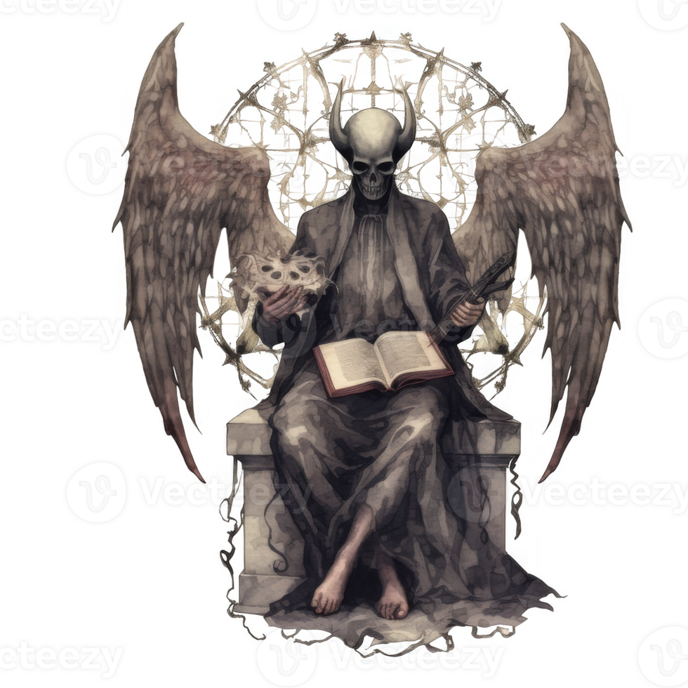 Winged Skeletal Figure Enthroned, Holding Mask and Book, Playing Instrument png