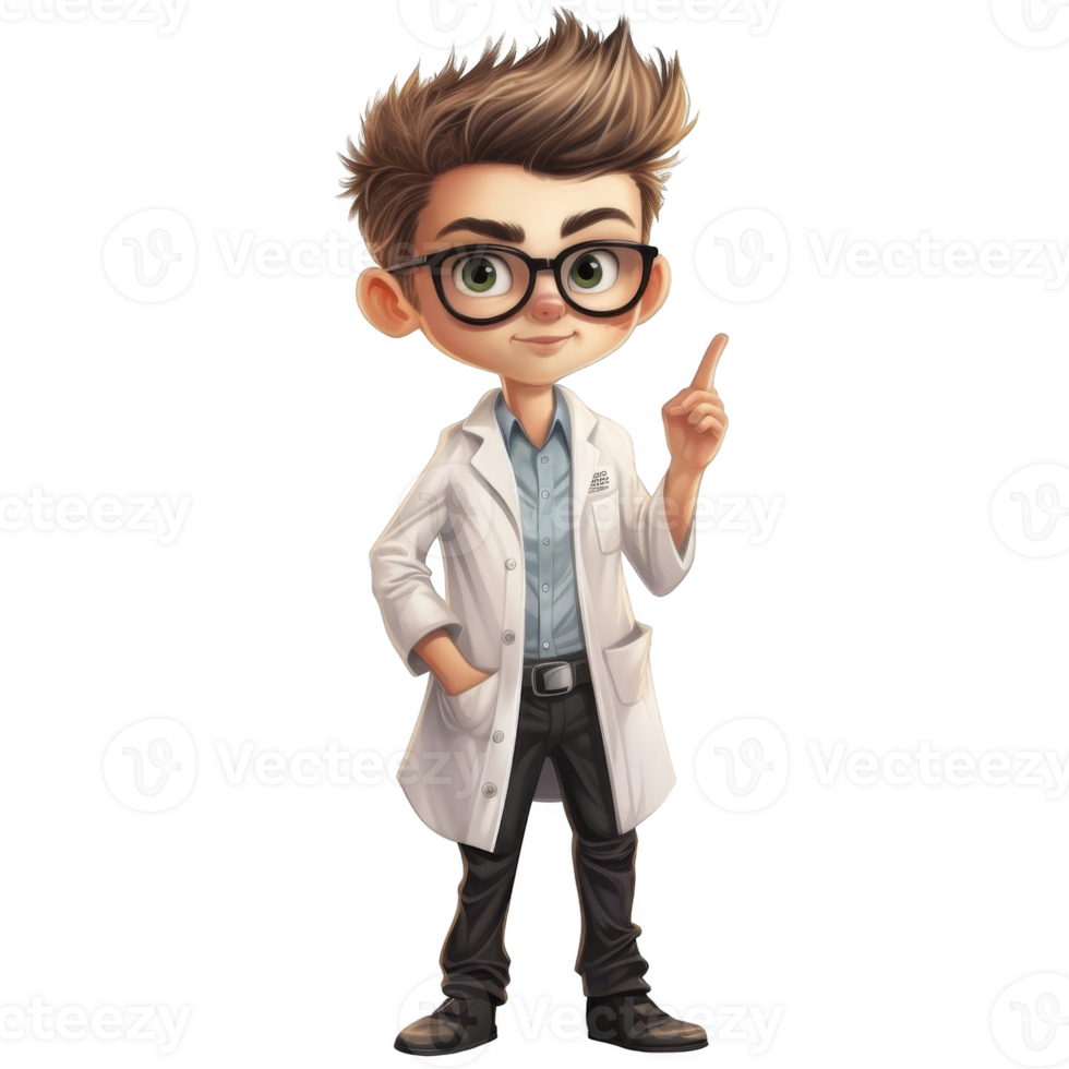 A Cartoon Boy Scientist in a Lab Coat, Pointing Upward, with Glasses png