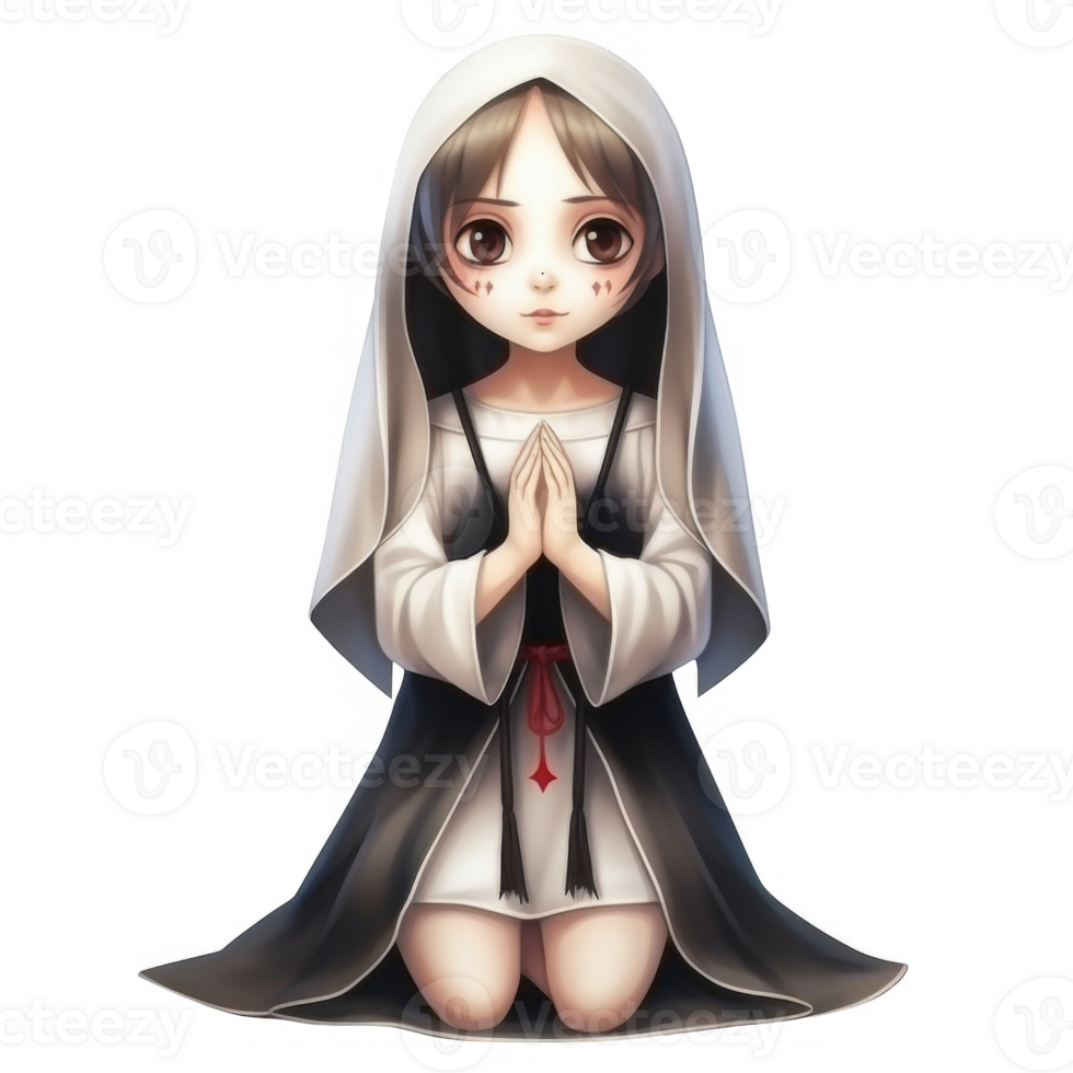 Anime Girl in Nun's Habit Kneeling in Prayer, Delicate Facial Markings png