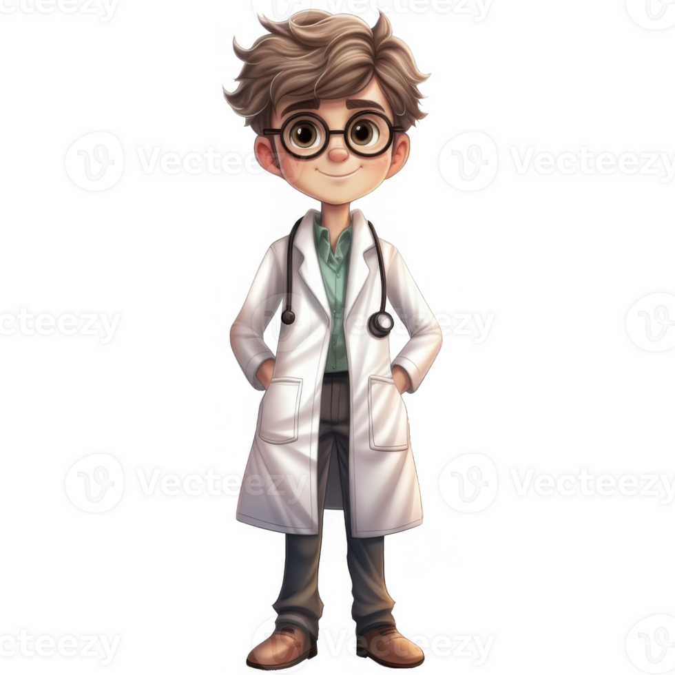 Adorable Cartoon Boy Doctor in White Coat with Stethoscope png