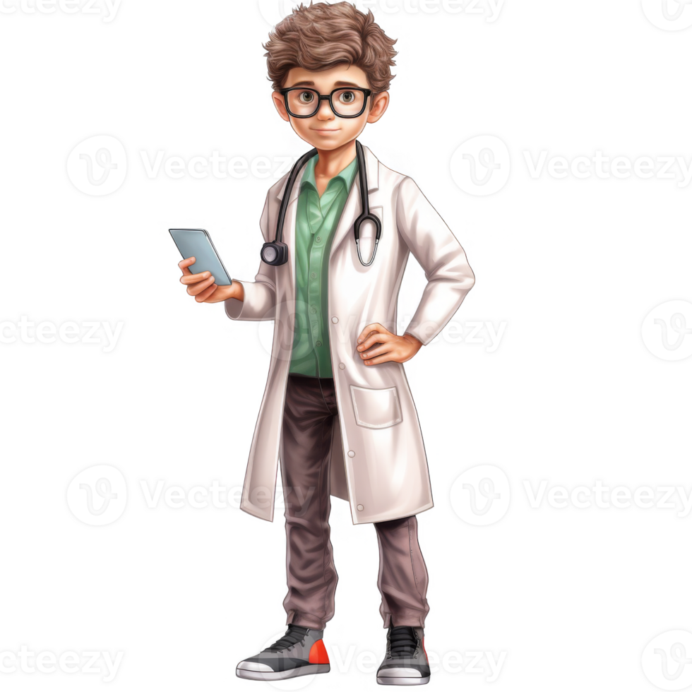 A young boy, cartoonishly depicted as a doctor, holds a smartphone. png