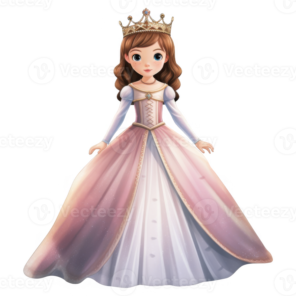 Young Princess in a flowing pink and white gown, wearing a golden crown. png